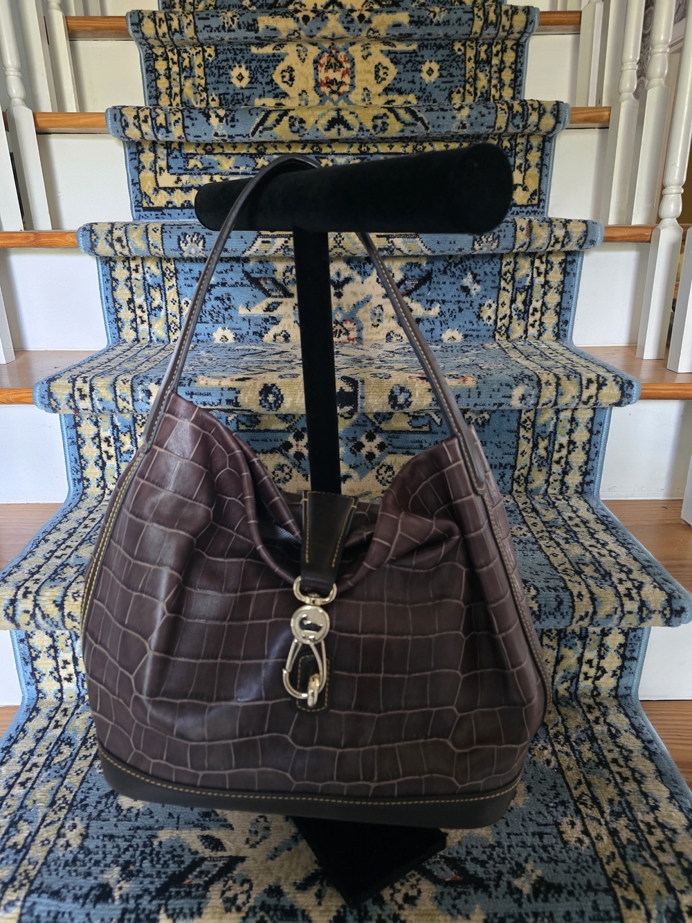 Dooney And Bourke Dark Brown Croc-Embossed Leather Hobo Bag with Gold Hardware